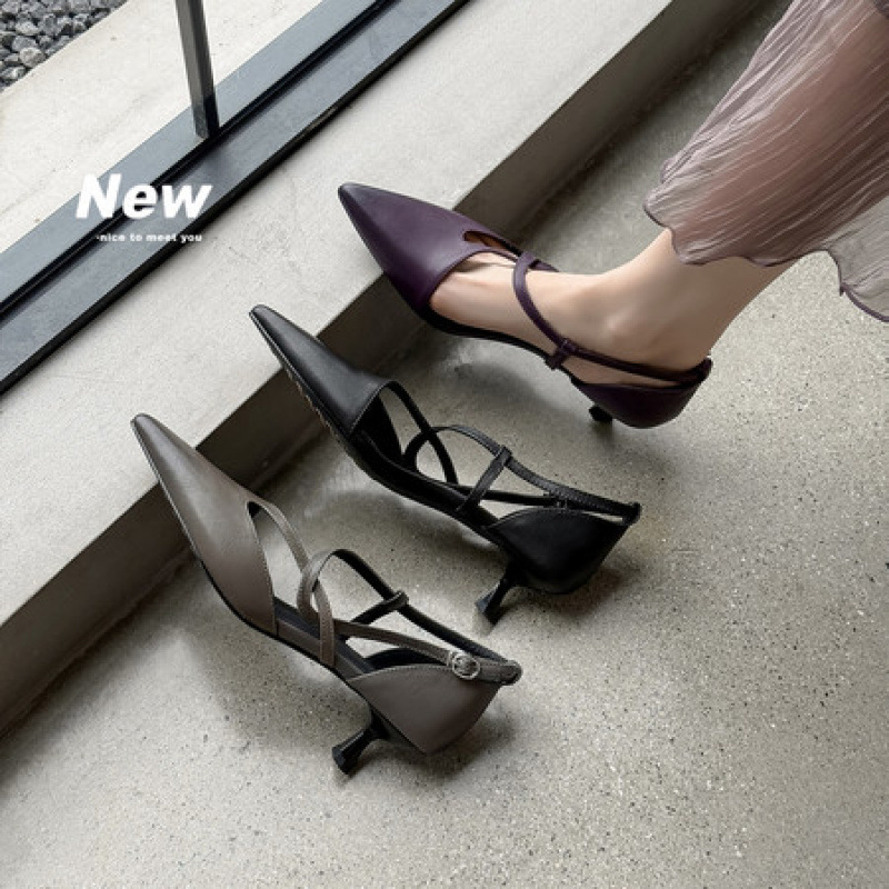 2026 New Versatile Black Pointed-Toe Stiletto Heeled Sandals for Women with Hollow Design and Single Strap High Heels