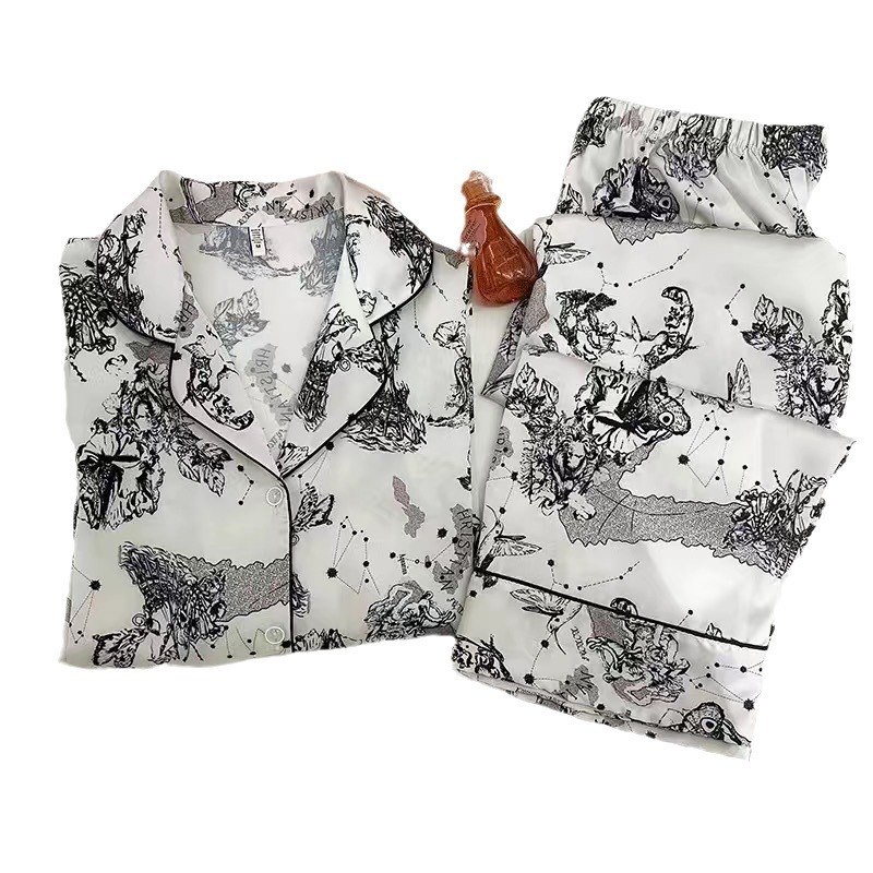 2024 nueva primavera/verano otoño pijamas de seda de hielo de las mujeres de manga larga floja delgada de las mujeres en línea celebridad ropa de casa traje transfronterizo