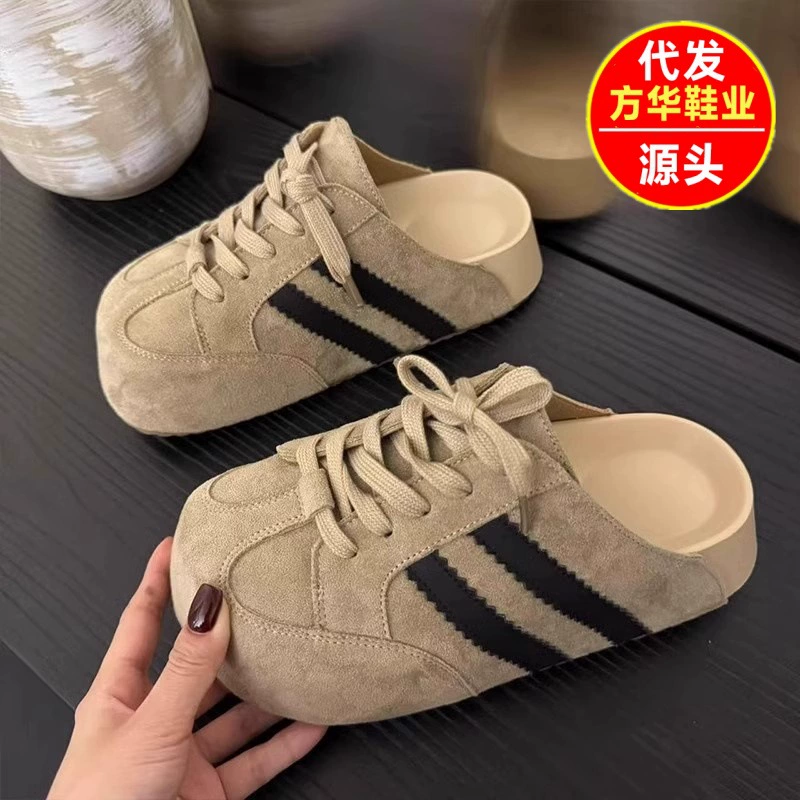 Туфли без каблука на толстой подошве, новинка 2025 года, летние ретро-моральные тренировочные туфли, удобные женские полутапочки с носком для женской верхней одежды