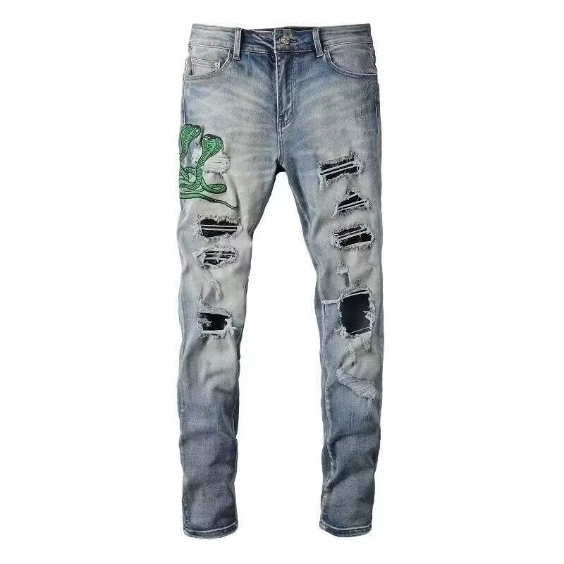 boy European And American High Street Trend Brand Vintage Distressed Niche Jeans For Men With Cobra Embroidery Patch Slim_voghion.com