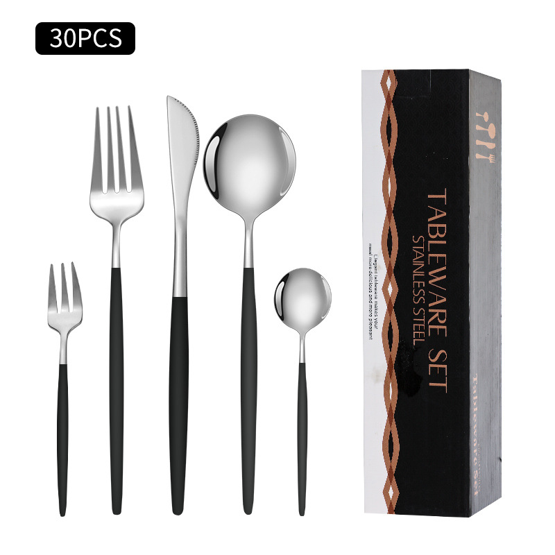 Cruz-Frontera de acero inoxidable vajilla portugués cuchillo y tenedor conjunto de 30 piezas de comida occidental cuchillo de filete de oro y cuchara de la caja de regalo