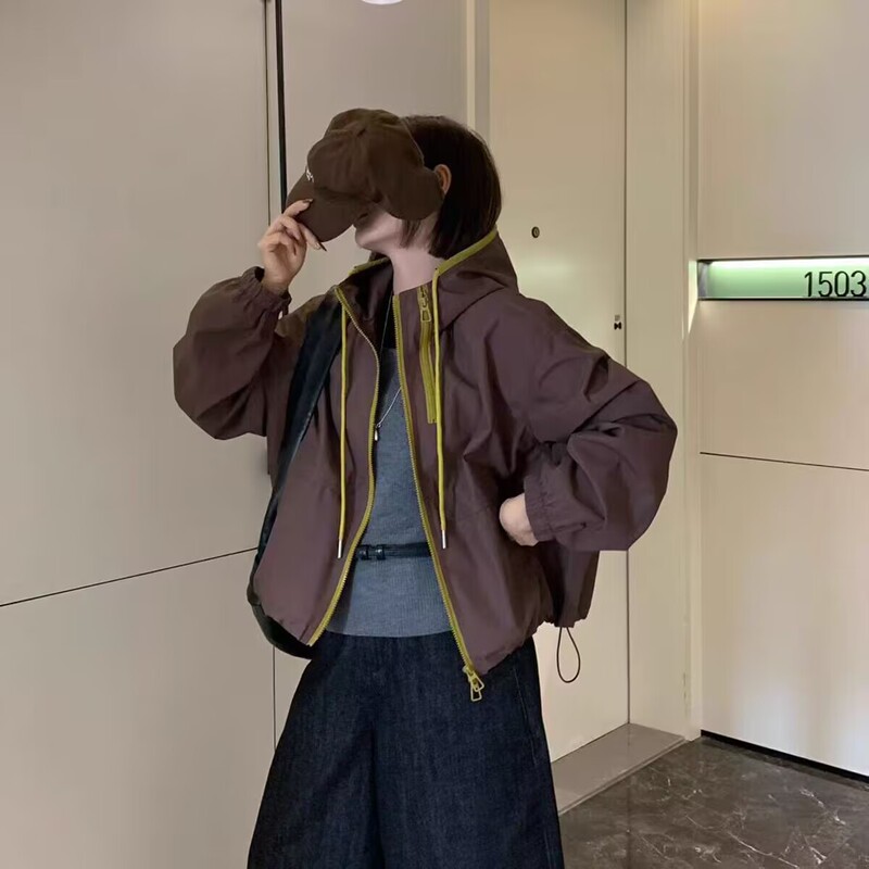 设计感连帽冲锋衣短外套女2025秋季宽松显瘦百搭休闲工装夹克上衣|undefined