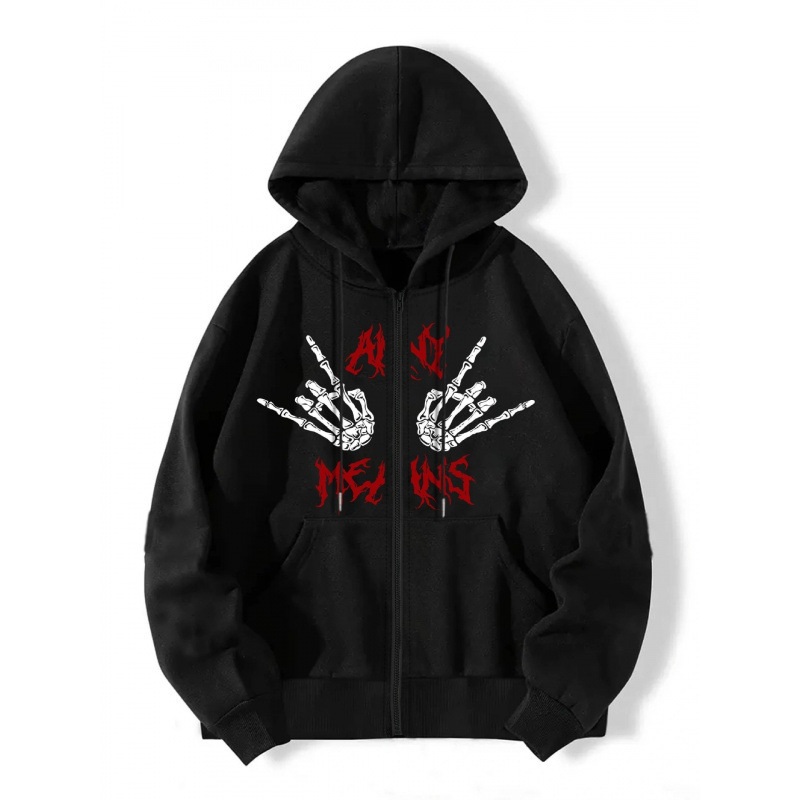 Front Print Long Sleeve Zipper Sweatshirt Autumn Winter Casual Top Drawstring Fashion Hoodie_voghion.com