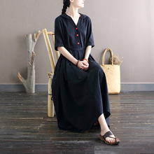 2125喜墨原创新款夏季女装复古文艺棉麻连衣裙中袖宽松小黑裙