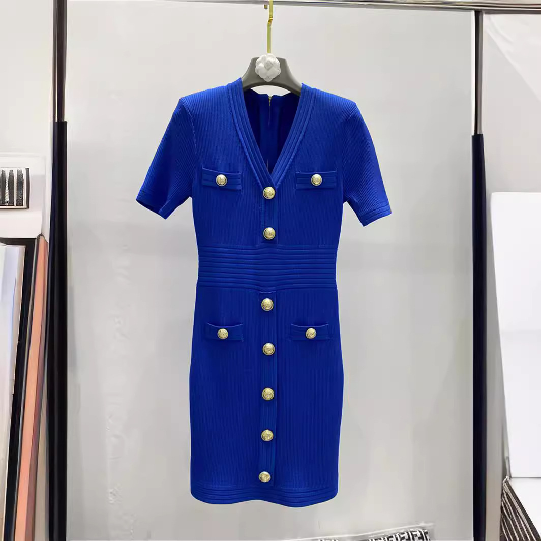 工厂高品质短袖冰丝针织连衣裙女 金色扣子修身弹力大 名媛减龄