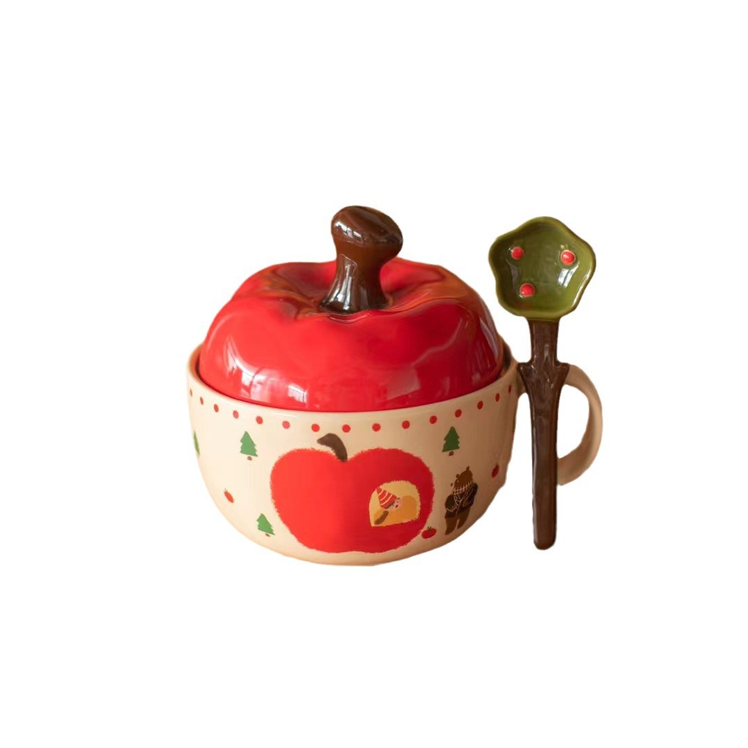 Creativo retro manzana de Navidad cerámica bolos de fideos de alto valor facial taza de avena de leche regalo de mano pareja bolos de sopa con cucharas image 5