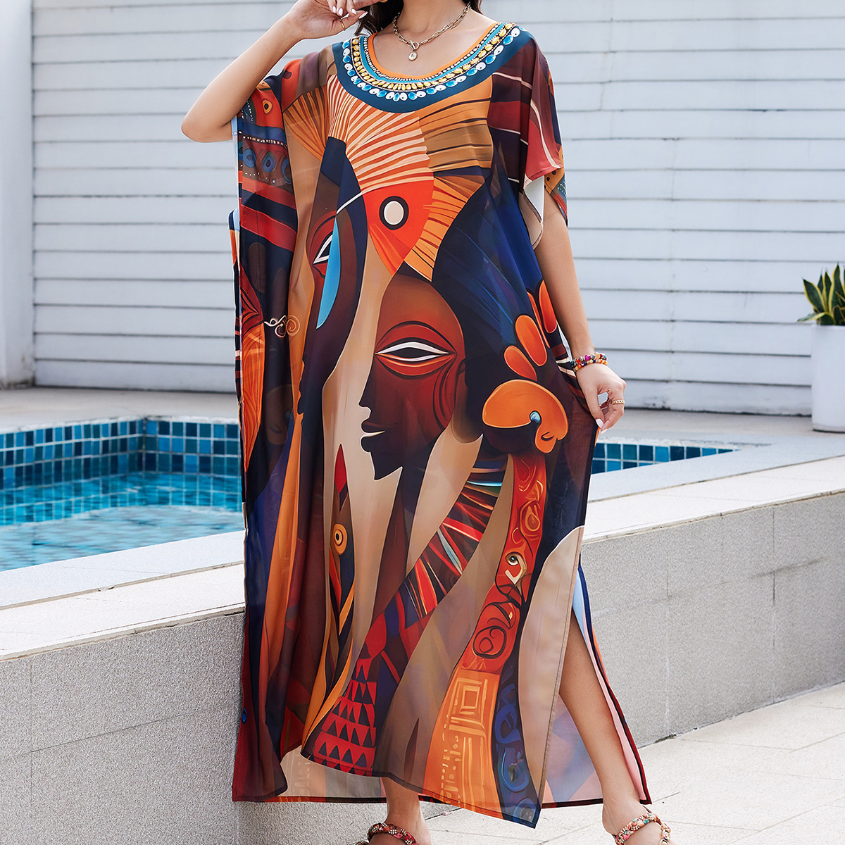 Women's Clothing Ethnic Style Printed Beach Cover Up Women's Robe Bikini Sun Protection Shirt Casual Resort Dress Fashion_ecoleips.com