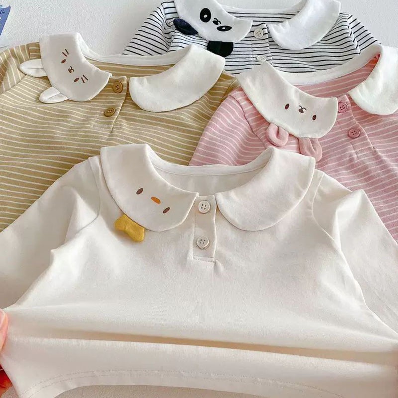 春と秋の女の子の子供服のtシャツの赤ちゃんの洋気の子供の個性の潮のかわいい漫画の耳のストライプの子供の襟の底のシャツ