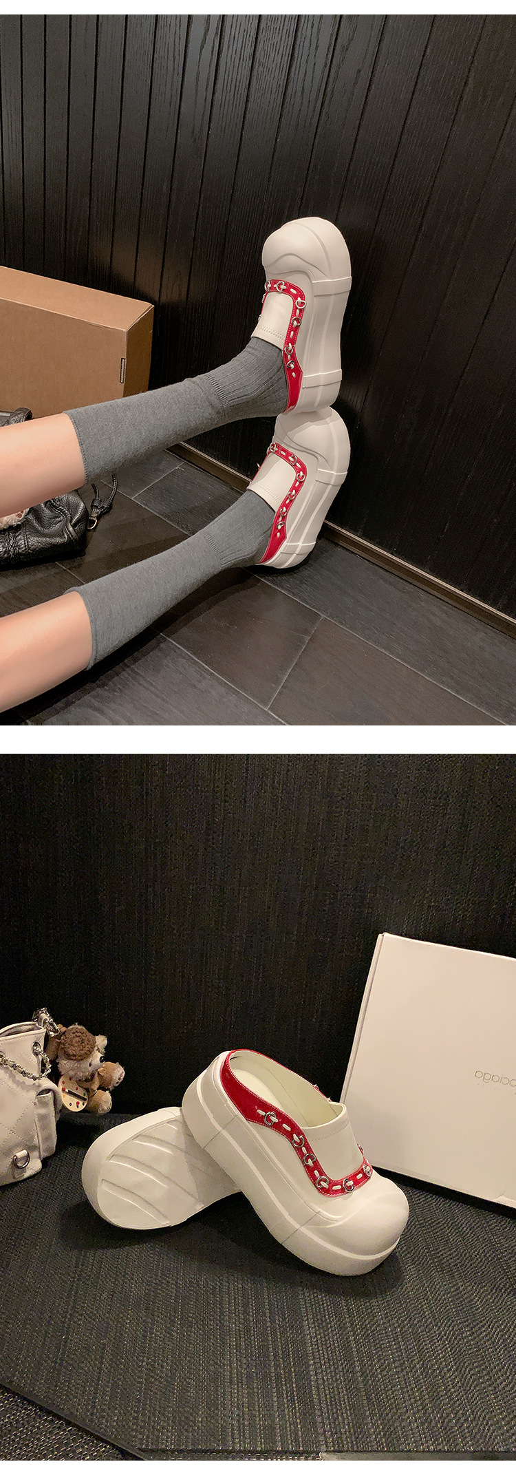Giày sneaker nữ đế dày mũi to slip-on da thật phối màu — màu đen, màu trắng chi tiết 15
