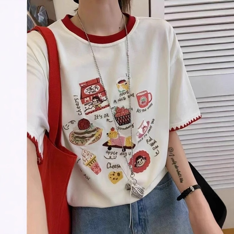 ドーパミン甘くてかわいい刺繍パッチワーク半袖 Tシャツ女性のための夏 2025 新入生多用途カジュアルトップスイン|undefined