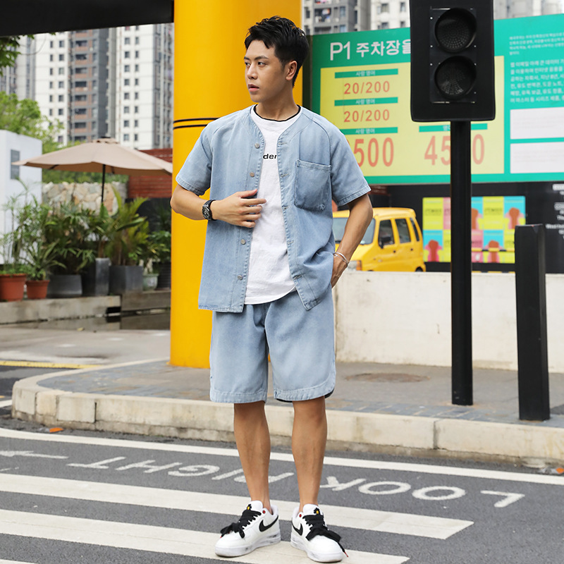 2021新款男士短套装 夏季薄料圆领帅气潮流短袖牛仔衬衫短裤宽松