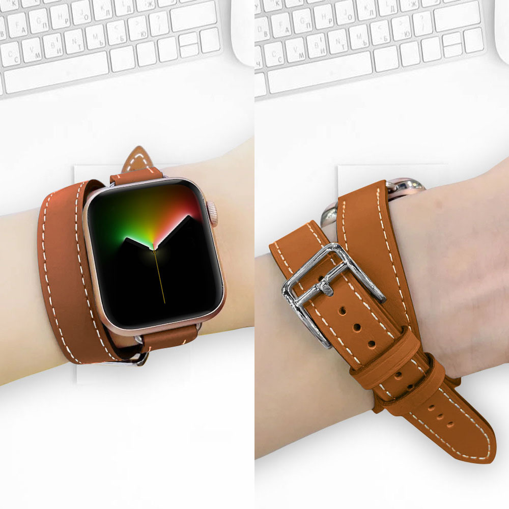Correa de adelgazamiento de cuero genuino para Apple Watch iwatch8/7/6/5/4/3/SE doble círculo correa de cintura pequeña