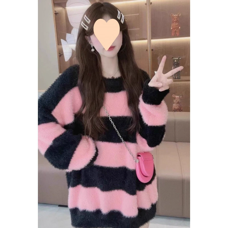 Полосатый дизайн, имитация норки, осенне-зимний свободный нишевый свитер в ленивом стиле, новый вязаный топ в корейском стиле