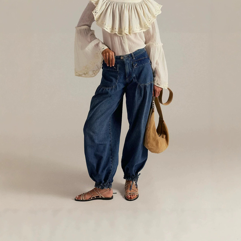 European and American Amazon cross-border foreign trade casual mid-waist loose retro women's jeans with drawstring cuffs European and American Amazon cross-border foreign trade casual mid-waist loose retro women's jeans with drawstring cuffs