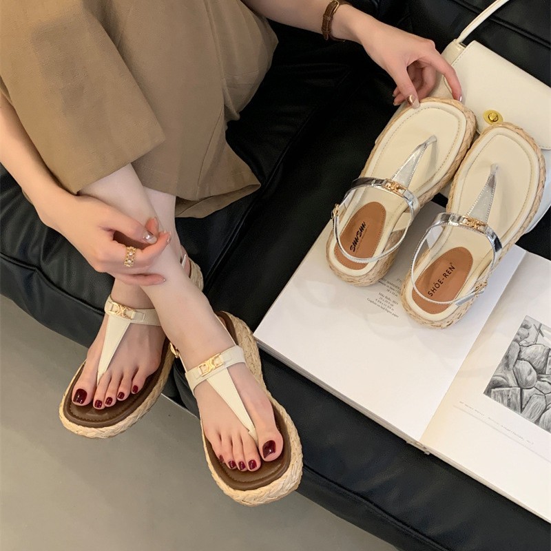 Women Wedge Straw Woven Thong Sandals Retro Open Toe Summer Shoes_voghion.com