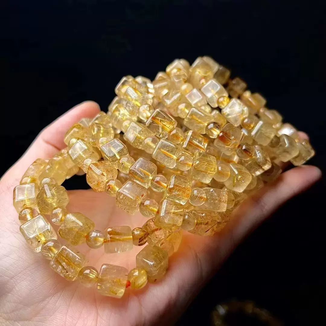 工厂直销 天然金发晶方糖手串 色泽金黄 发丝明显 精工方糖