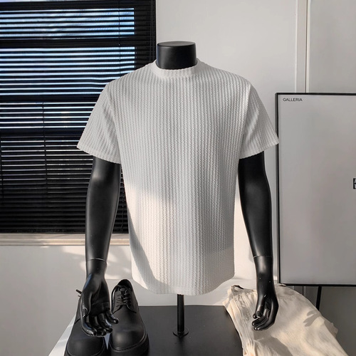 Cleanfit Black Striped Knit Short-Sleeve Men's Summer Elastic Chiffon T-shirt with Small Collar for Layering and Base Layer