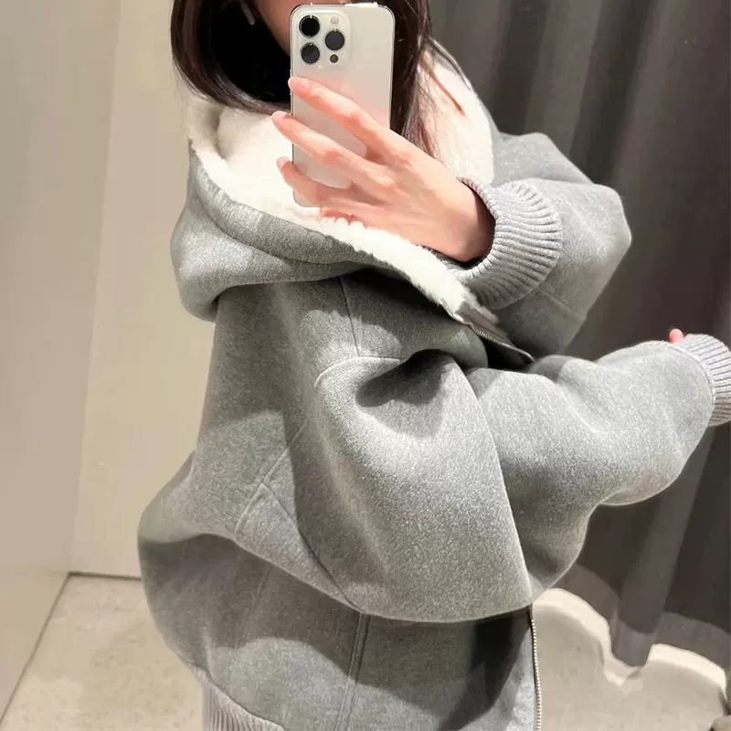 鸿衫加绒卫衣皮毛一体外套女冬季加厚连帽拉链卫衣高级感宽松短款