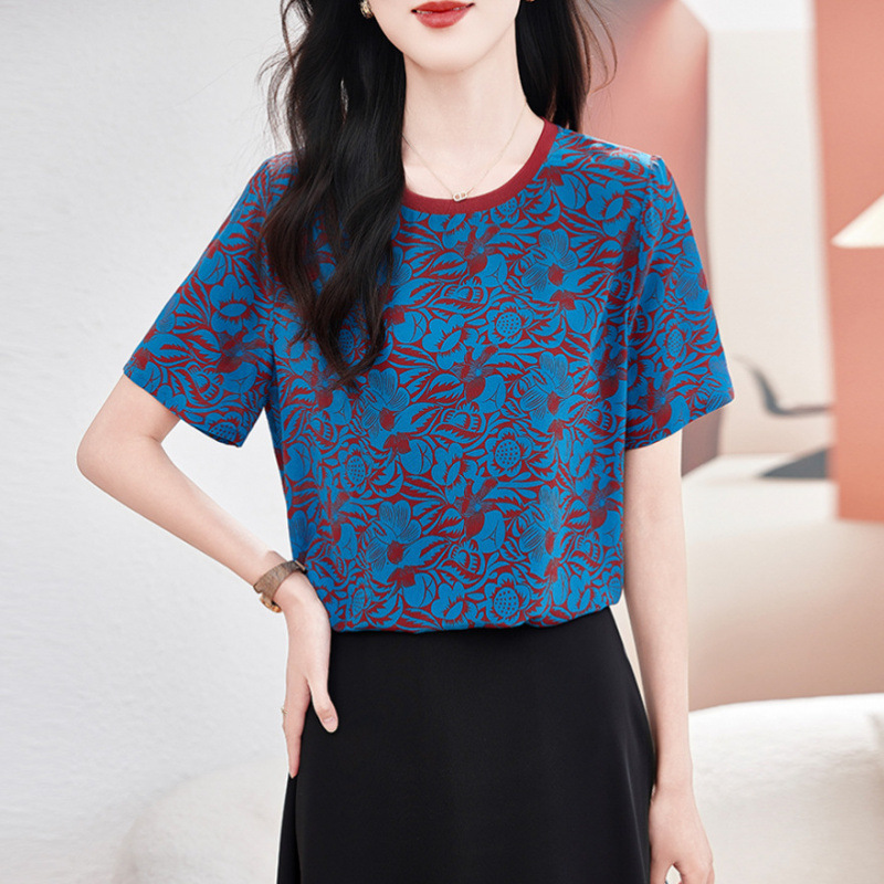 Hangzhou Silk Silk T-Shirt Women's 2025 New Summer Round Neck Printed Fashion Large Size Mother's Mulberry Silk Shirt