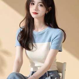 蓝白撞色短袖针织T恤女2026圆领正肩纯欲绝美修身小上衣