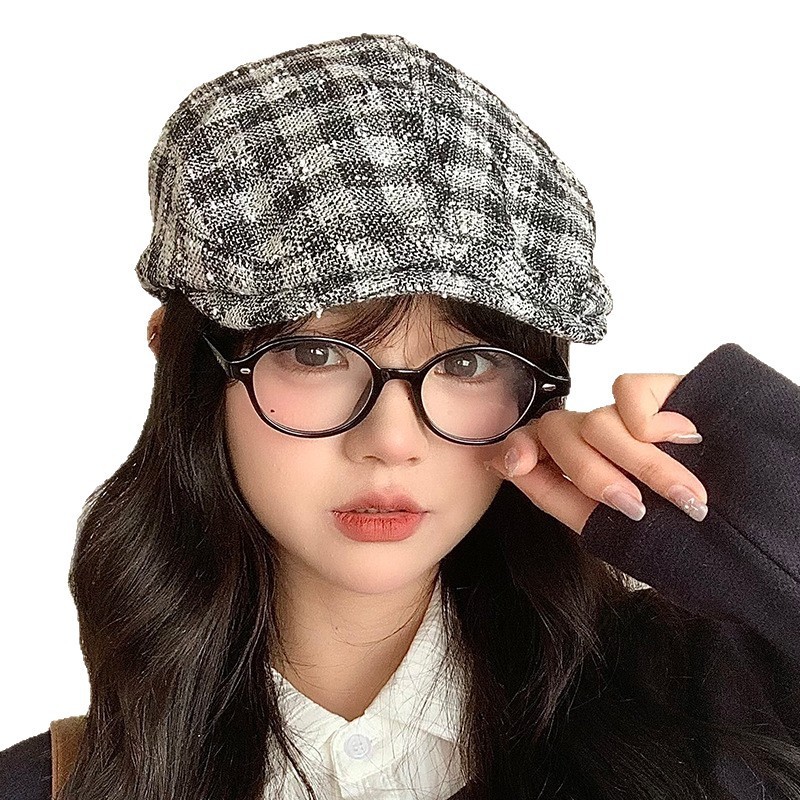 日系秋冬百搭前进帽显脸小格子贝雷帽子女复古棉布透气文艺画家帽|undefined