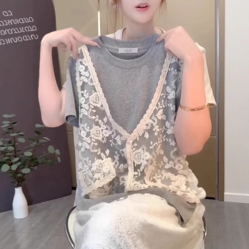 レース刺繍ステッチフェイクツーピースTシャツレディース夏のファッショナブルなデザインスリムで多用途のカジュアル半袖トップトレンディ|undefined