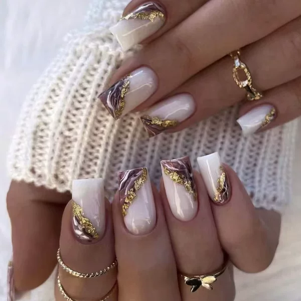 Gentle and Luxurious Short Square-Shaped Nail Art with a Marble Pattern That Enhances Complexion and Exudes an Elegant, High-End Feel, Detachable Wearable Nails Wholesale