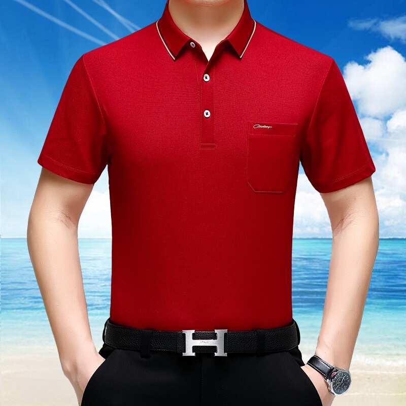 25 Summer New Bright Red Mulberry Silk Short-Sleeve T-Shirt for Middle-Aged Men, Large Size with Pocket, Zodiac Year Top