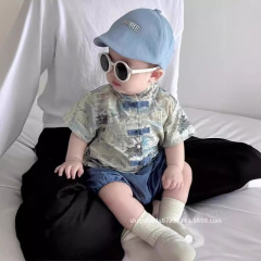 夏の男児漢服半袖セット中国風プリント赤ちゃん盤口半袖 + パンツ夏清涼2点セット