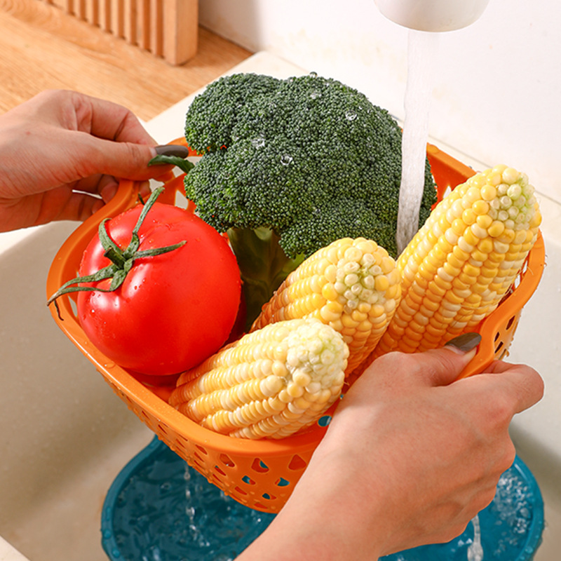 Cesta de drenaje de plástico de doble capa de cocina casera de procesamiento personalizada, cesta multifuncional de lavado de frutas y verduras con logotipo imprimible