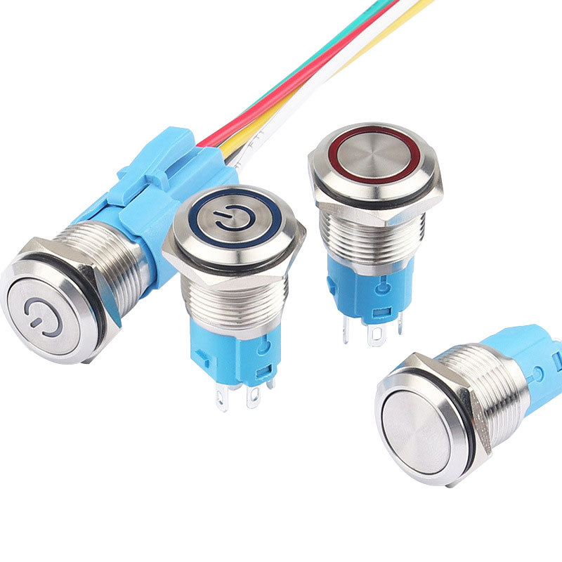 16MM自复式金属按钮开关自锁式带灯环形启动电源金属按钮开关 12V