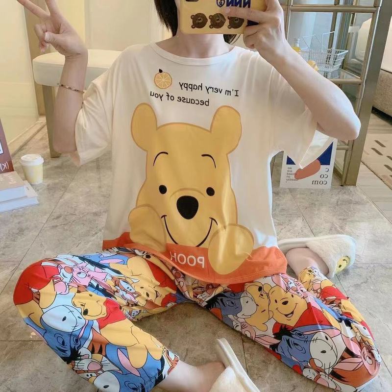 睡衣女春秋款5XL码新款短袖长裤女士印花可爱可外穿家居服套装|undefined