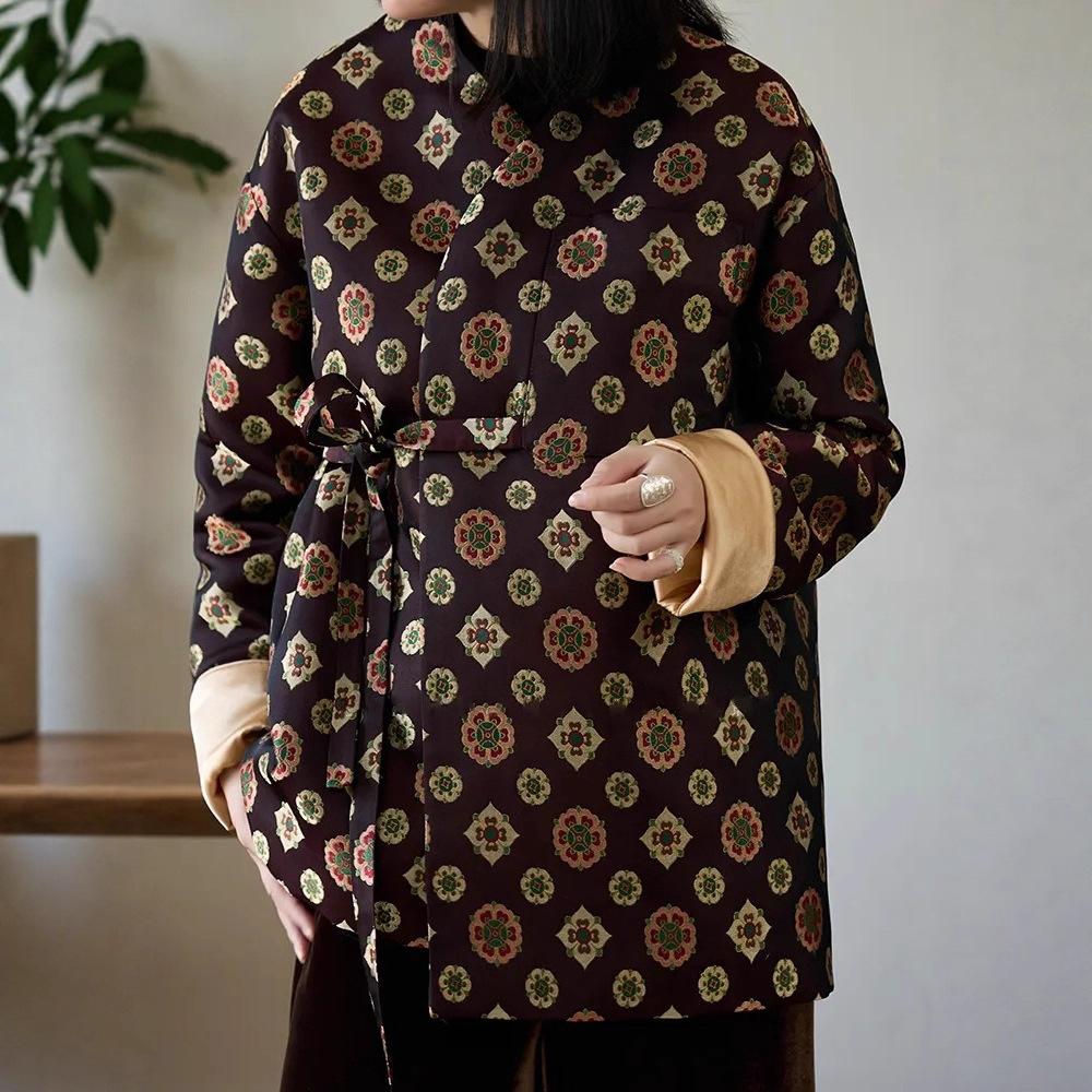 2026年服国风新中式外套 宝相花短款外套女提花绑带显瘦上衣C1131