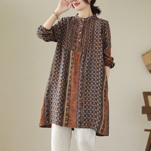 2025 New Summer Style Literary and Sweet Accordion Pleated Lace Shirt Women's Mid-Length Linen Pullover Long-Sleeved Dress