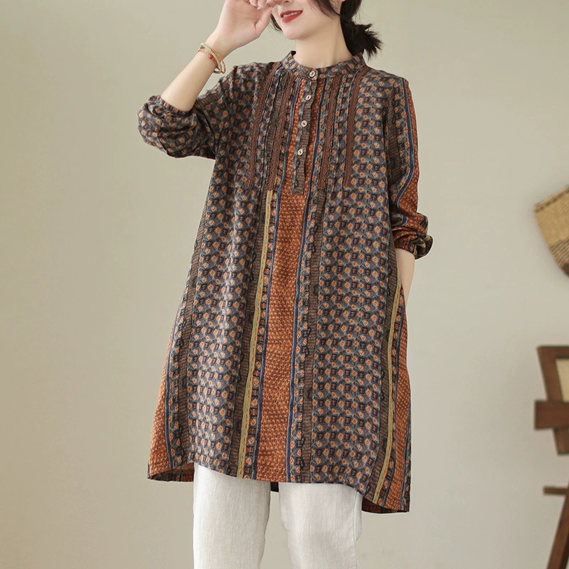 Летнее платье-рубашка 2025 года, новый стиль, литературный и нежный дизайн, складки-гармошка, кружево, женское, средней длины, льняной пуловер, длинный рукав