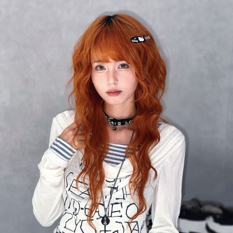 Wig for Women with Bangs, Orange Color, Brightening Effect, Water Wave Texture, Everyday High-Layered Wool Curls, Jk Style Full Wig