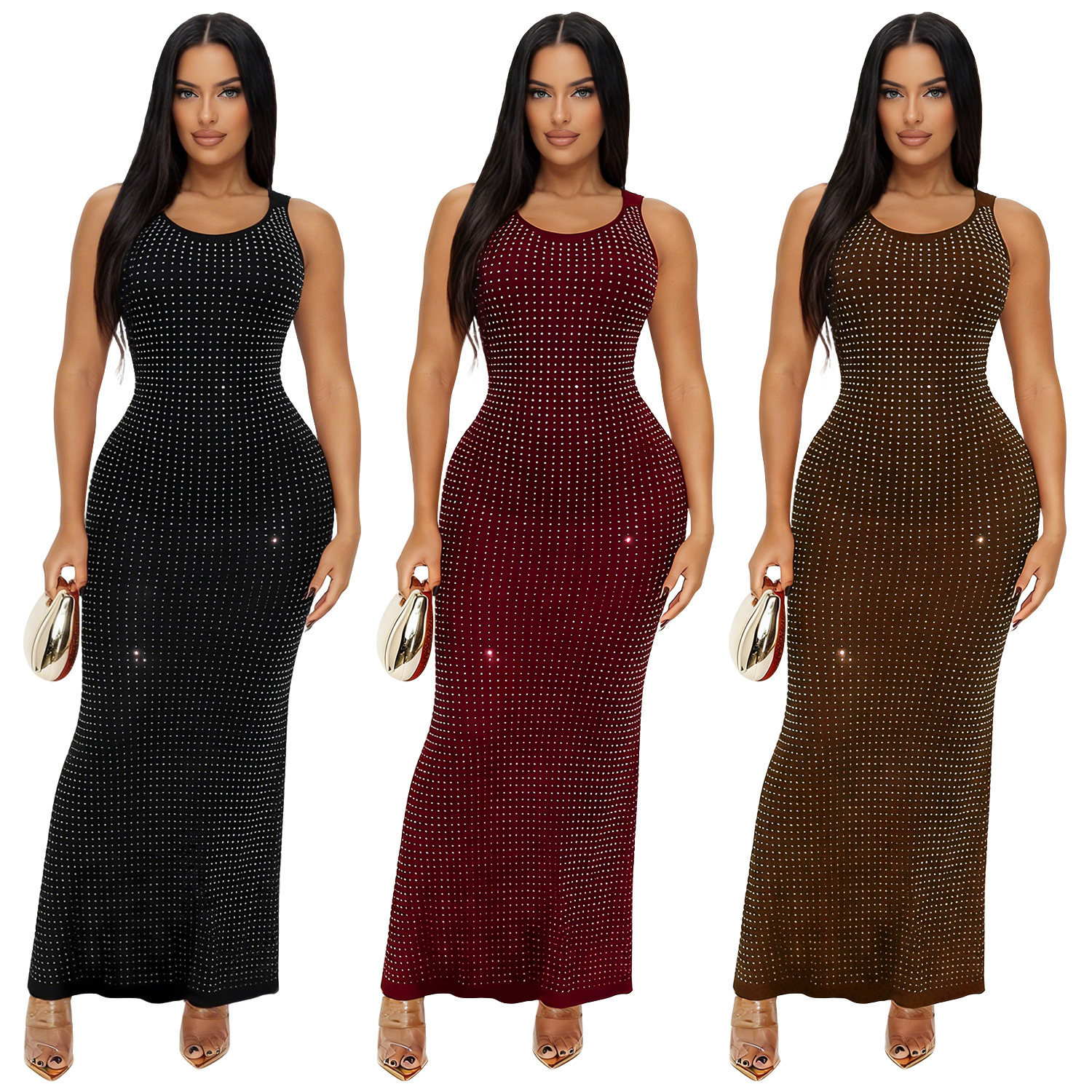 C7629 Aliexpress transfronterizo amazon ropa de moda europea y americana sexy taladro caliente de cintura alta frente y atrás vestido image 6