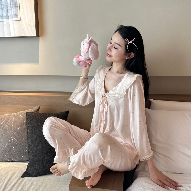 ZC023【粉兔眠眠】娃娃领花边睡衣女春秋冰丝名媛蕾丝长袖长裤套