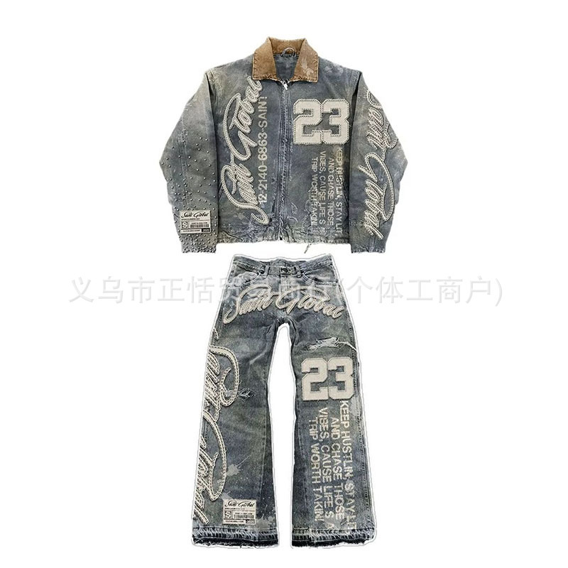 欧美跨境2025新款街头复古字母牛仔裤男嘻哈哥特牛仔夹克y2k套装|undefined