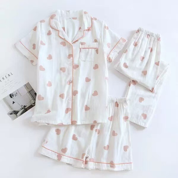 New Gauze Heart Style Pure Cotton Plain Gauze Two-Color Short-Sleeved Pants and Shorts Three-Piece Set Pajamas Home Clothes