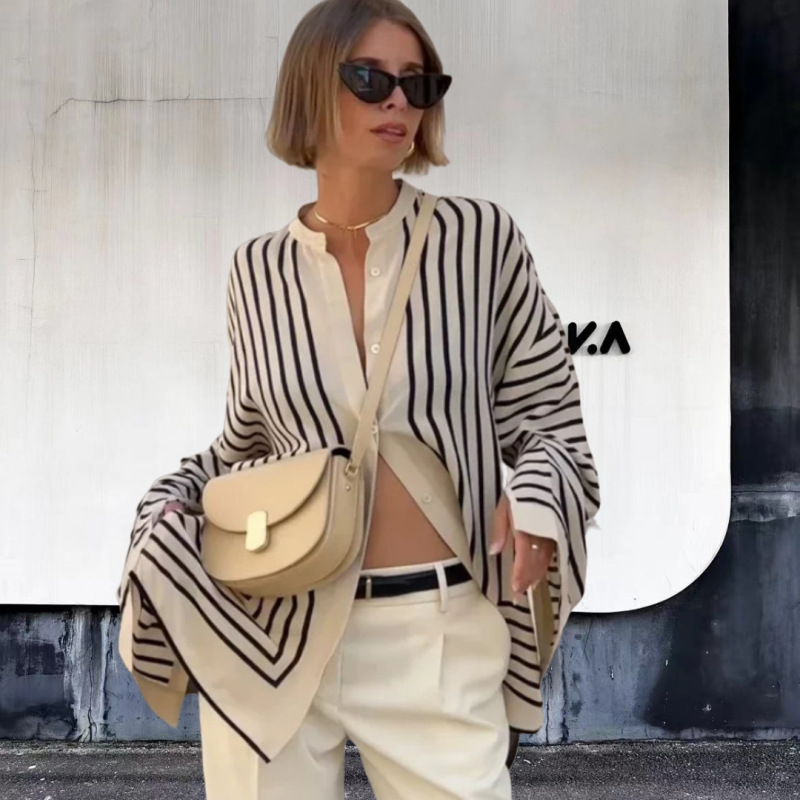 2024 New Style Pure and Elegant White Striped All-match Women's Summer Wear Light Mature Fashion Elegant American Direct Mail Shirt