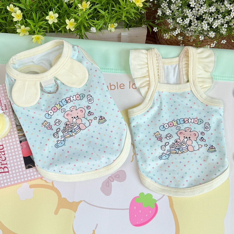 Cats and Dogs Spring and Summer Clothes Thin Cute Cartoon Print Western Style Macaron Color Sling Bitter Bear Bomei Small Short Cats and Dogs Spring and Summer Clothes Thin Cute Cartoon Print Western Style Macaron Color Sling Bitter Bear Bomei Small Short