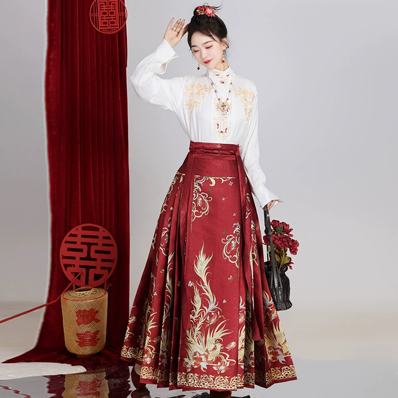 Set, Hanfu, red spring evening dress, Chinese style