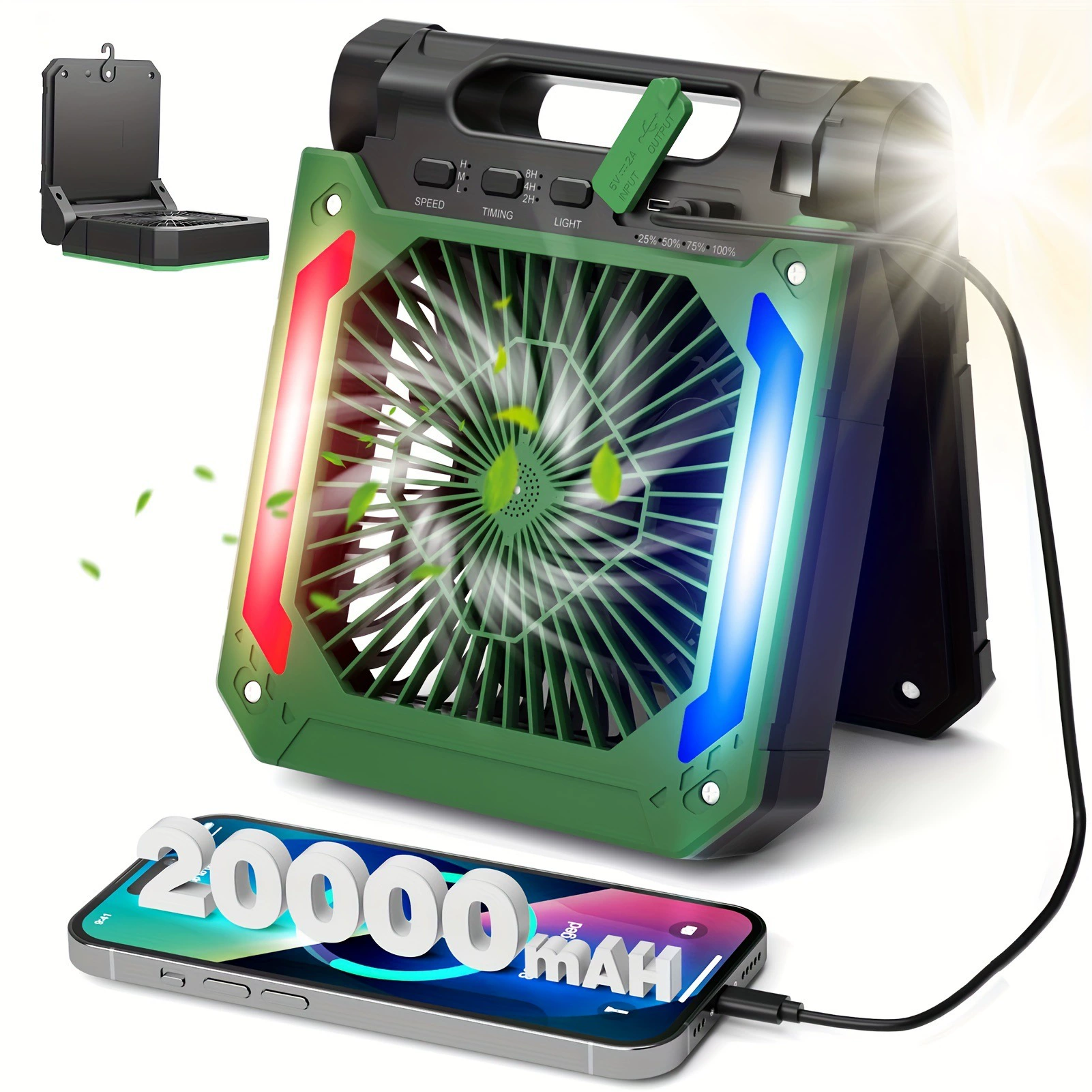 2025 новый кросс-граничный дропшиппинг портативный вентилятор с солнечной батареей 20000 мАч и LED-подсветкой