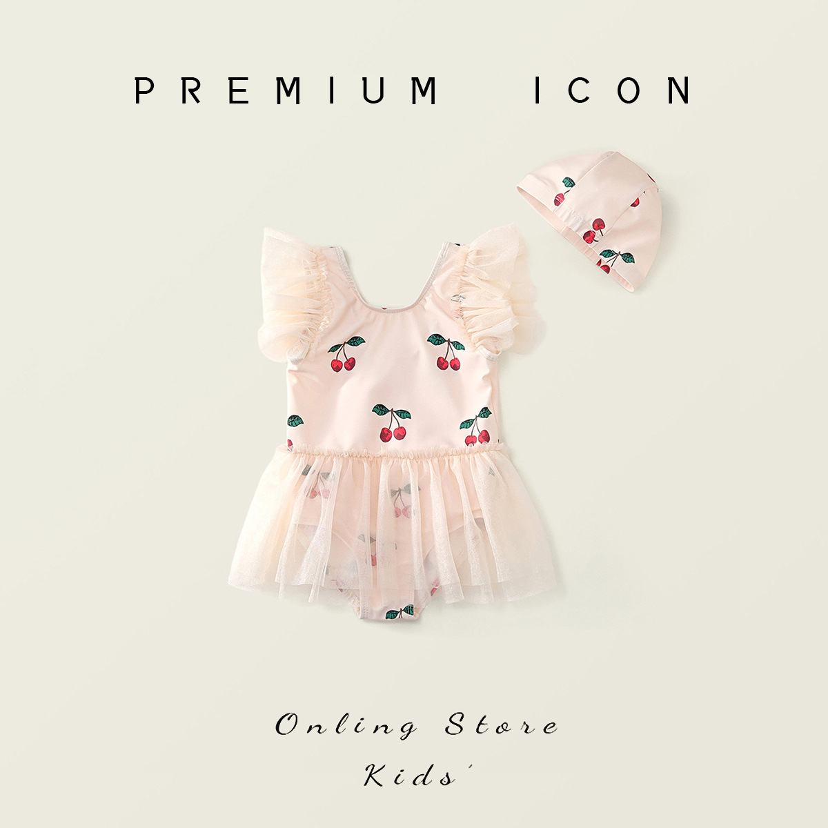 Girls Cherry Print Small Flying Sleeve Swimsuit 2025 Summer Kidsren's Sweet Style Mesh One-Piece Swimsuit with Hat