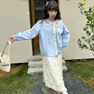 2026早春新款女圆翻领日系棉衬衫宽松衬衣上衣开衫刺绣文艺风开衫