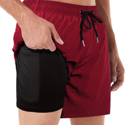 Hot-selling men's swimming trunks with compression lining two-in-one casual fitness five-point beach pants with pockets swimming trunks