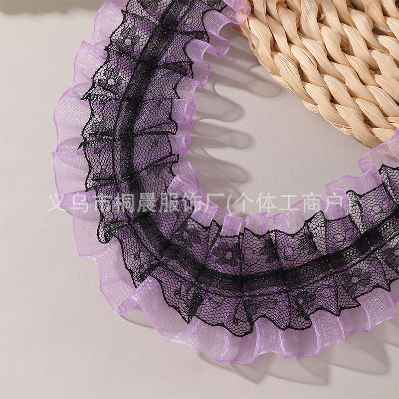 现货紫色蕾丝鱼骨雪纱褶皱花边手工diy服装袖口配饰打折花边辅料