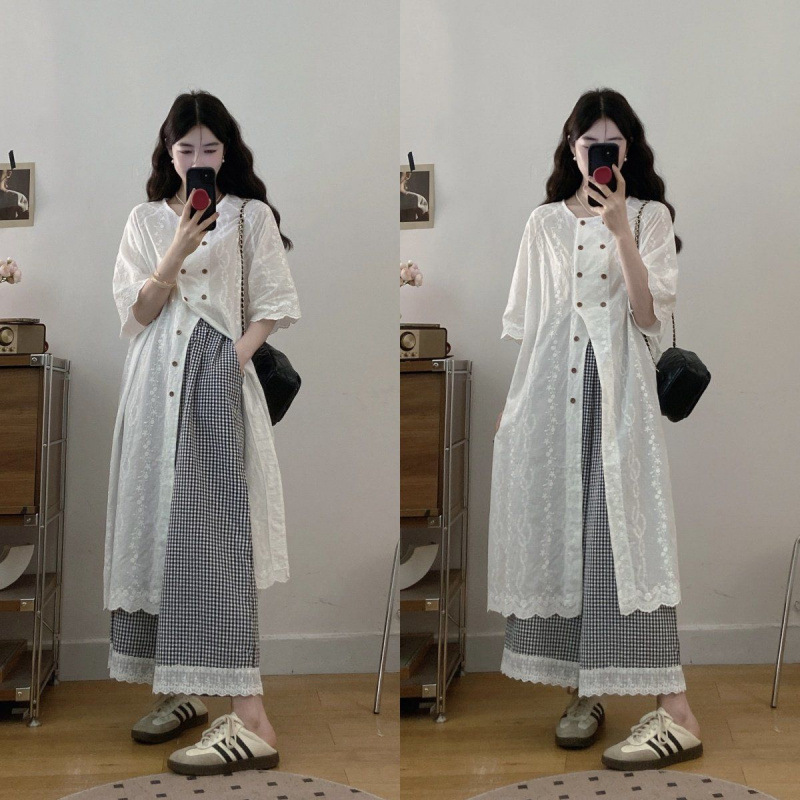 Plus Size Jacquard Plaid Shirt Dress for Women 2025 Summer New High-Waisted Slimming Design Wide-Leg Pants