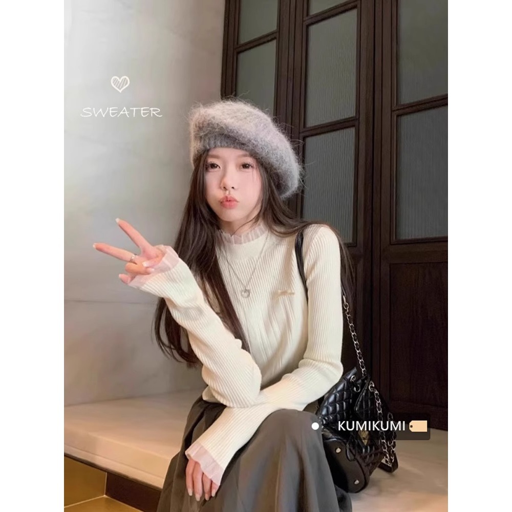 法式花边领蕾丝蝴蝶结毛衣打底衫内搭女秋冬长袖上衣